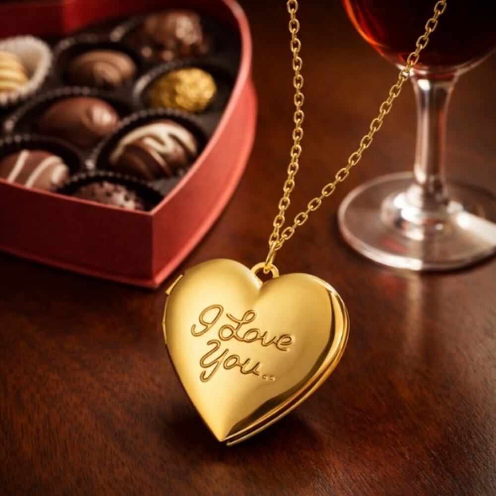 18k Gold Plated Necklace w/ Heart Locket I Love You Anniversary Valentine's Gift